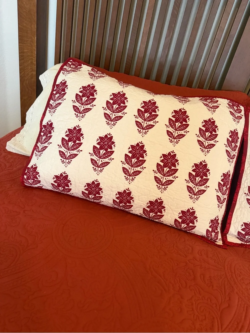 St. Nicholas Square Poinsettia Quilted Pillow Shams Red Cream Cottage Christmas